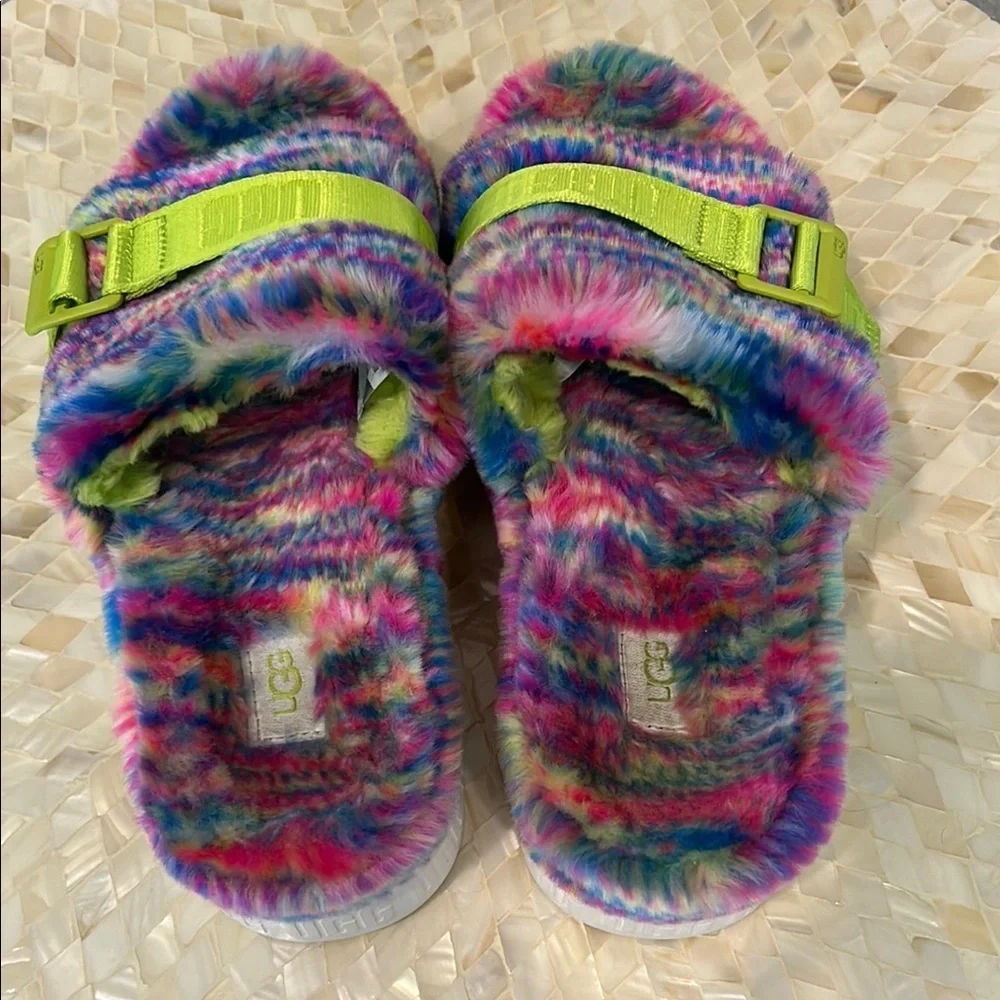 UGG Pink and Green Fuzzy Slippers